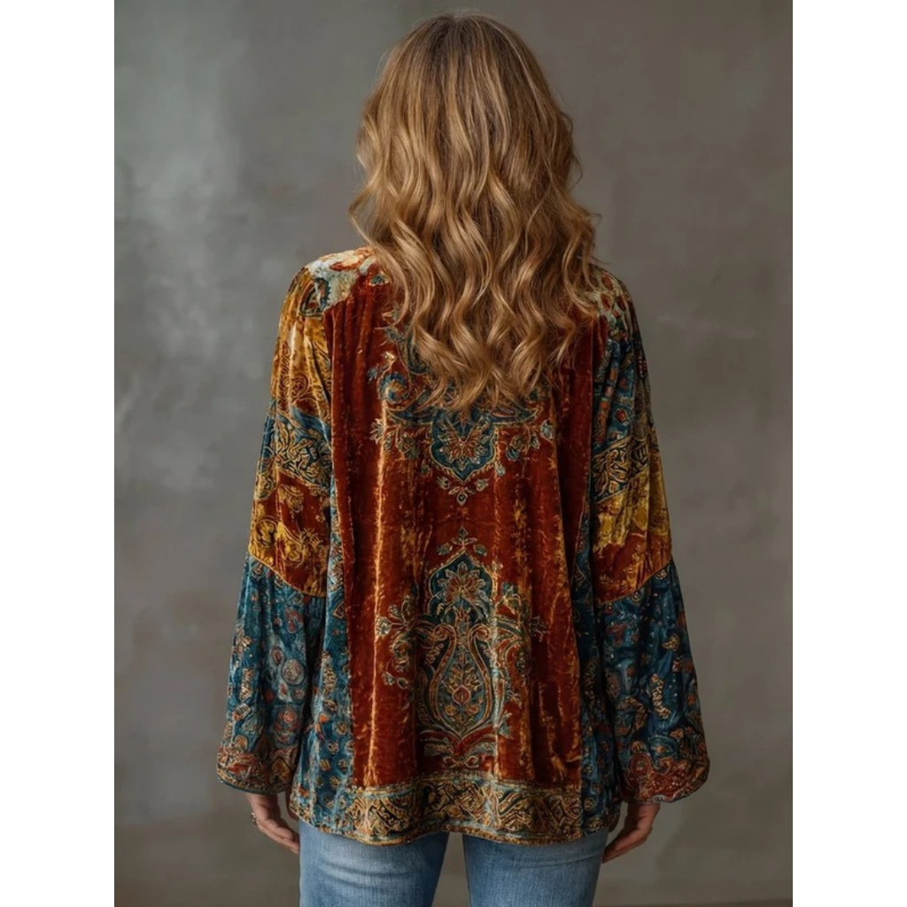 Philomena | Damen Braune Boho Jacke mit Blumenmuster