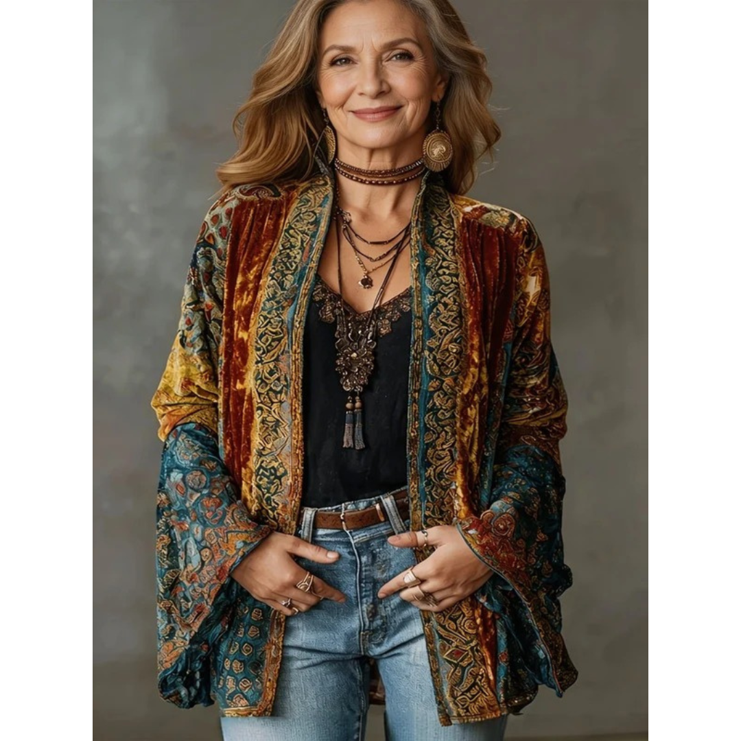 Philomena | Damen Braune Boho Jacke mit Blumenmuster