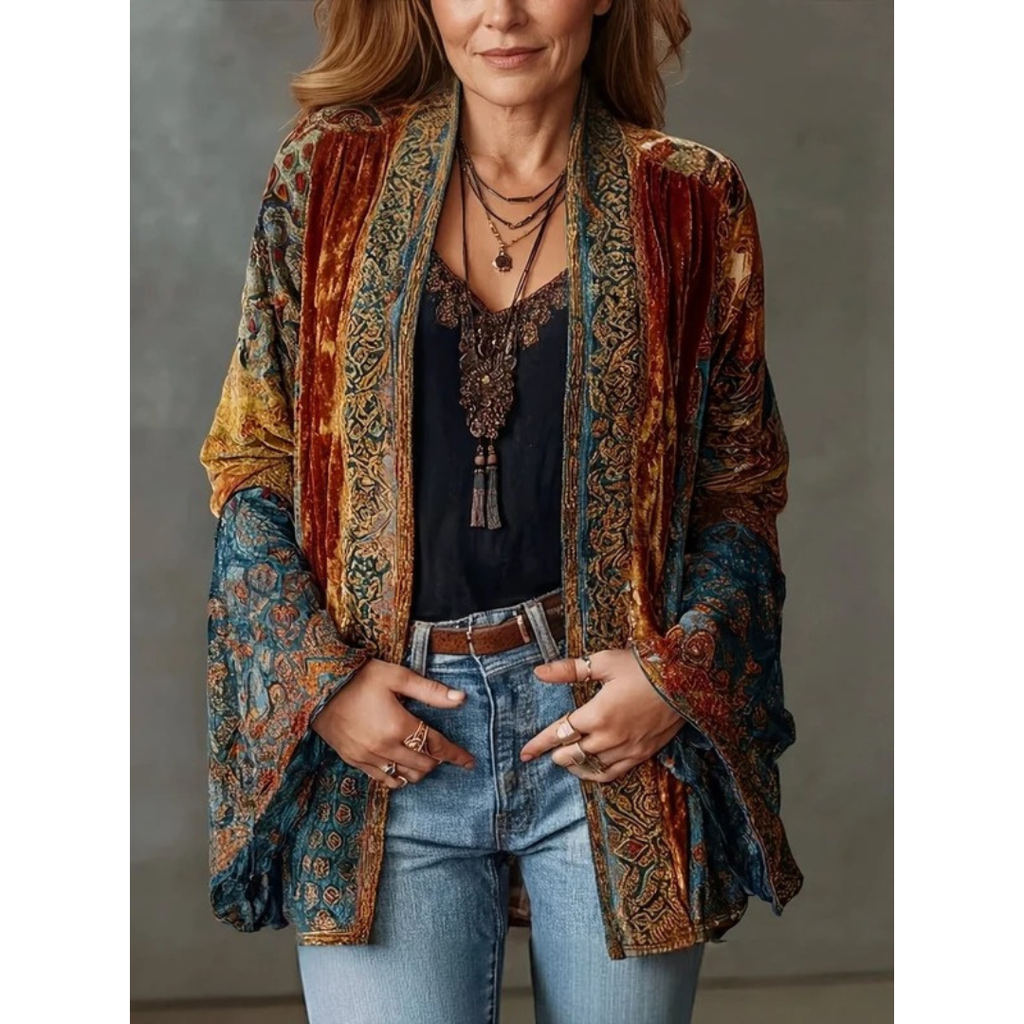 Philomena | Damen Braune Boho Jacke mit Blumenmuster