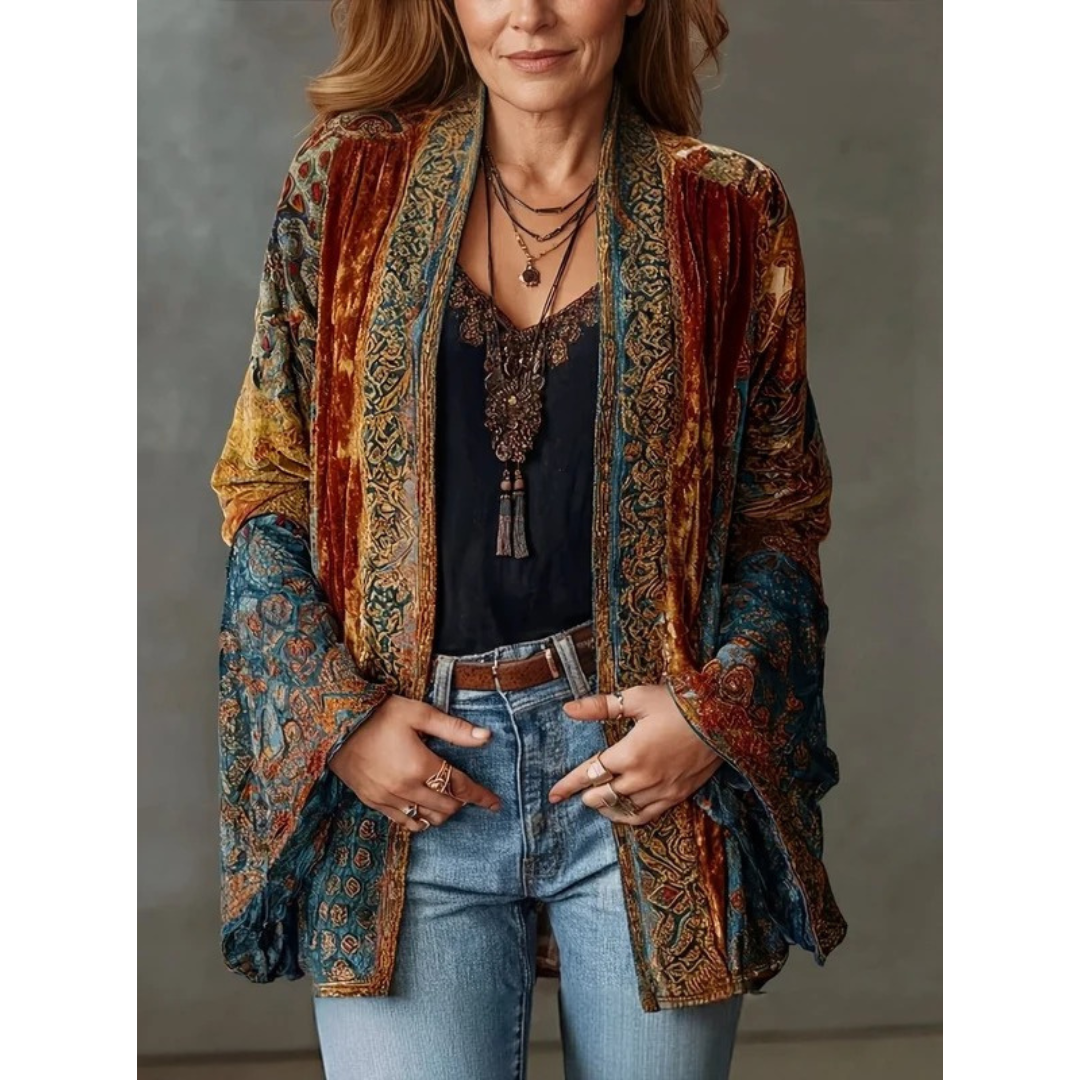 Philomena | Damen Braune Boho Jacke mit Blumenmuster