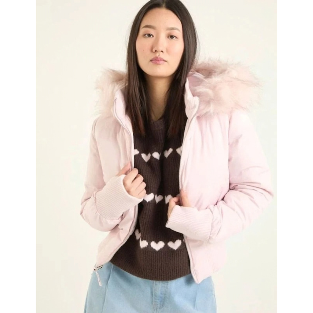 Regina | Damen Kurze Puffer Winterjacke mit Fell und Kapuze