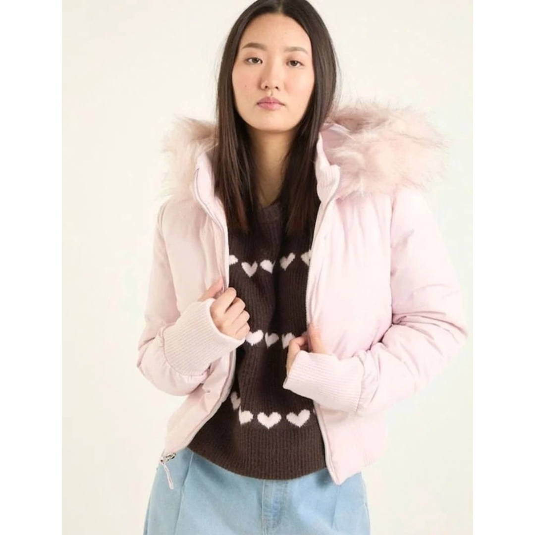 Regina | Damen Kurze Puffer Winterjacke mit Fell und Kapuze