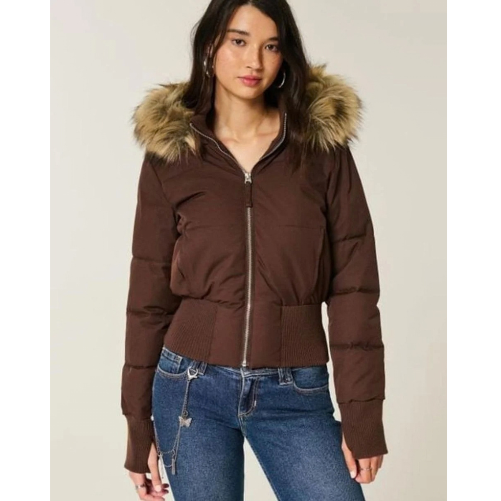 Regina | Damen Kurze Puffer Winterjacke mit Fell und Kapuze