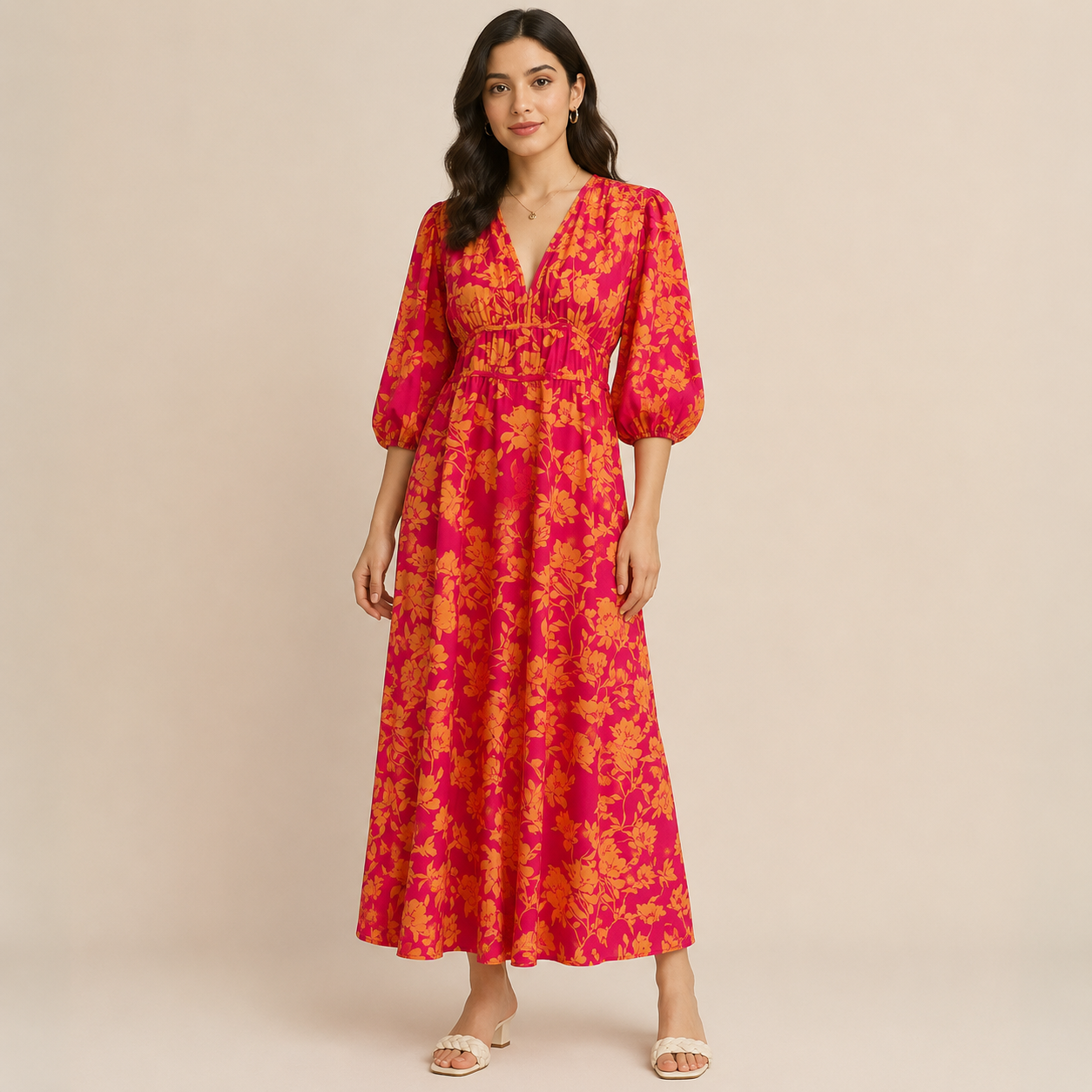 Robin | Damen Oranges Sommerkleid Maxi Floral