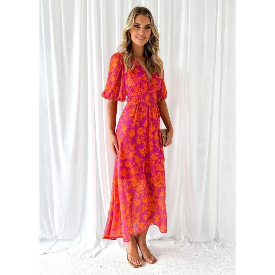 Robin | Damen Oranges Sommerkleid Maxi Floral