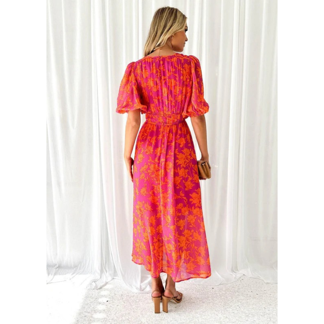 Robin | Damen Oranges Sommerkleid Maxi Floral