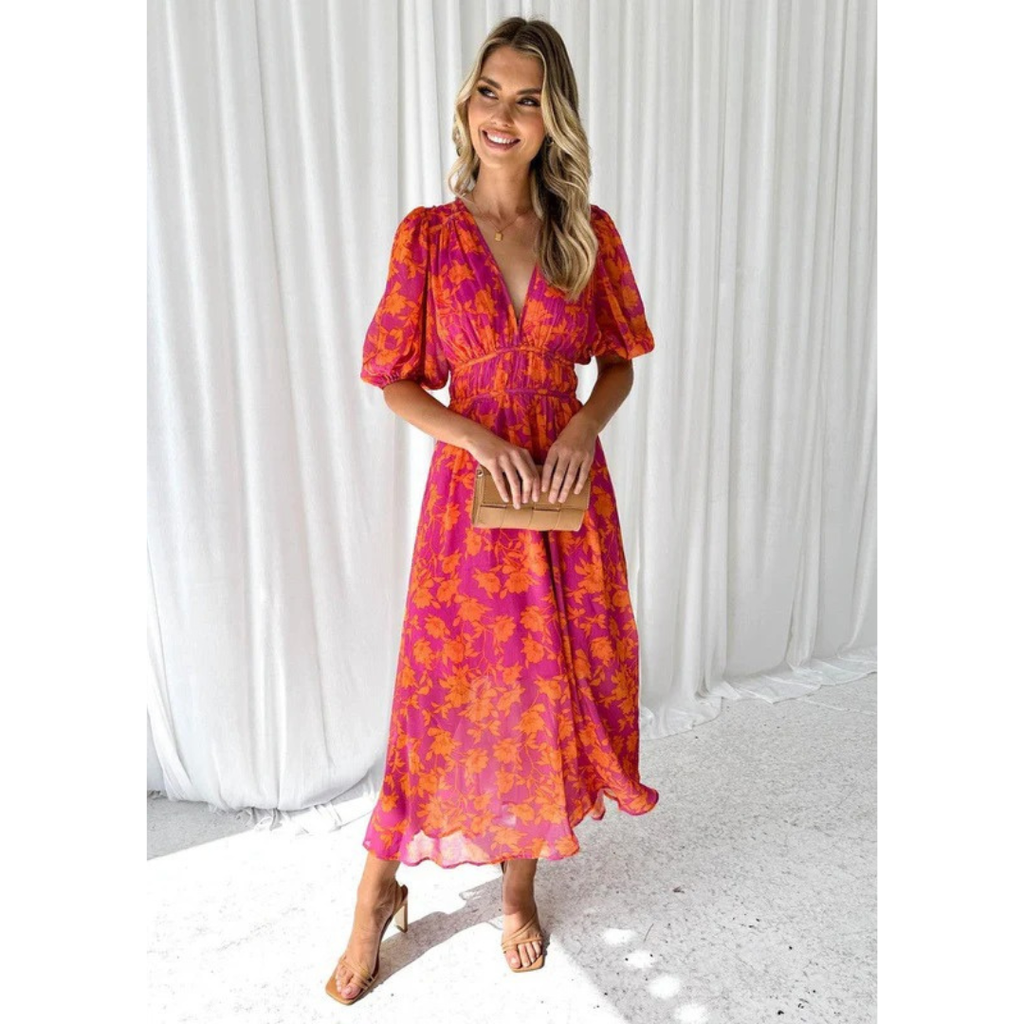Robin | Damen Oranges Sommerkleid Maxi Floral