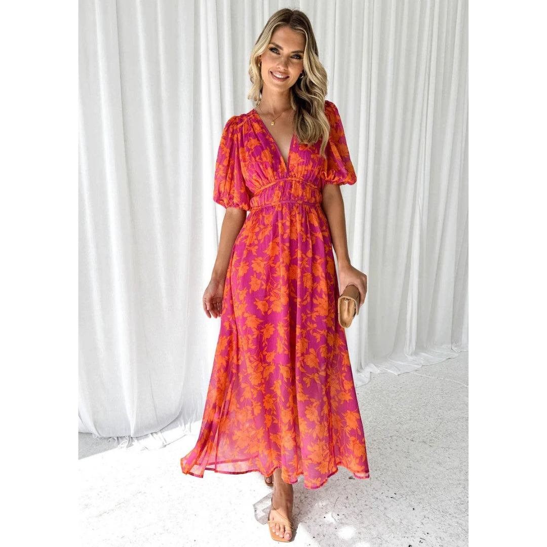Robin | Damen Oranges Sommerkleid Maxi Floral