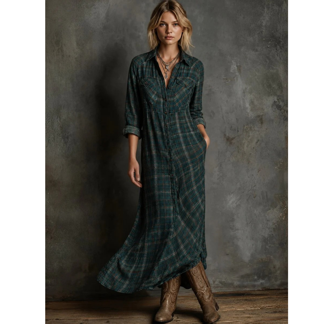 Romy | Damen Kariertes Boho Maxikleid