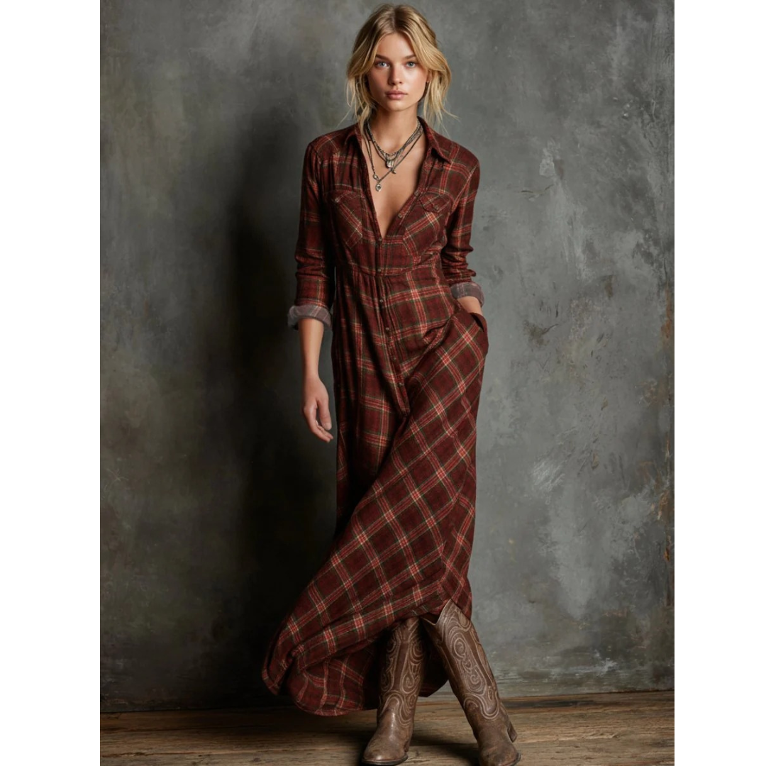 Romy | Damen Kariertes Boho Maxikleid
