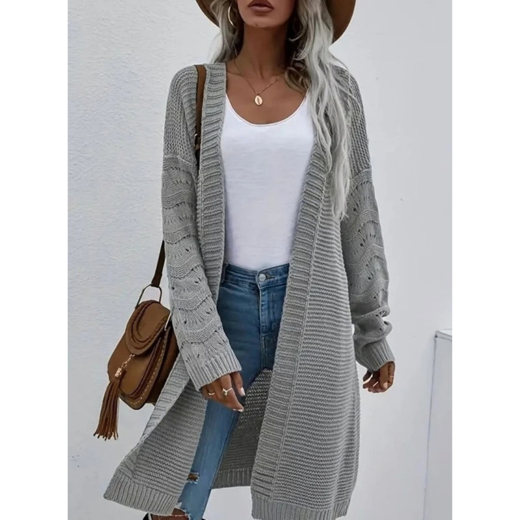 Ronja | Damen Graue Lange Strickjacke mit Struktur