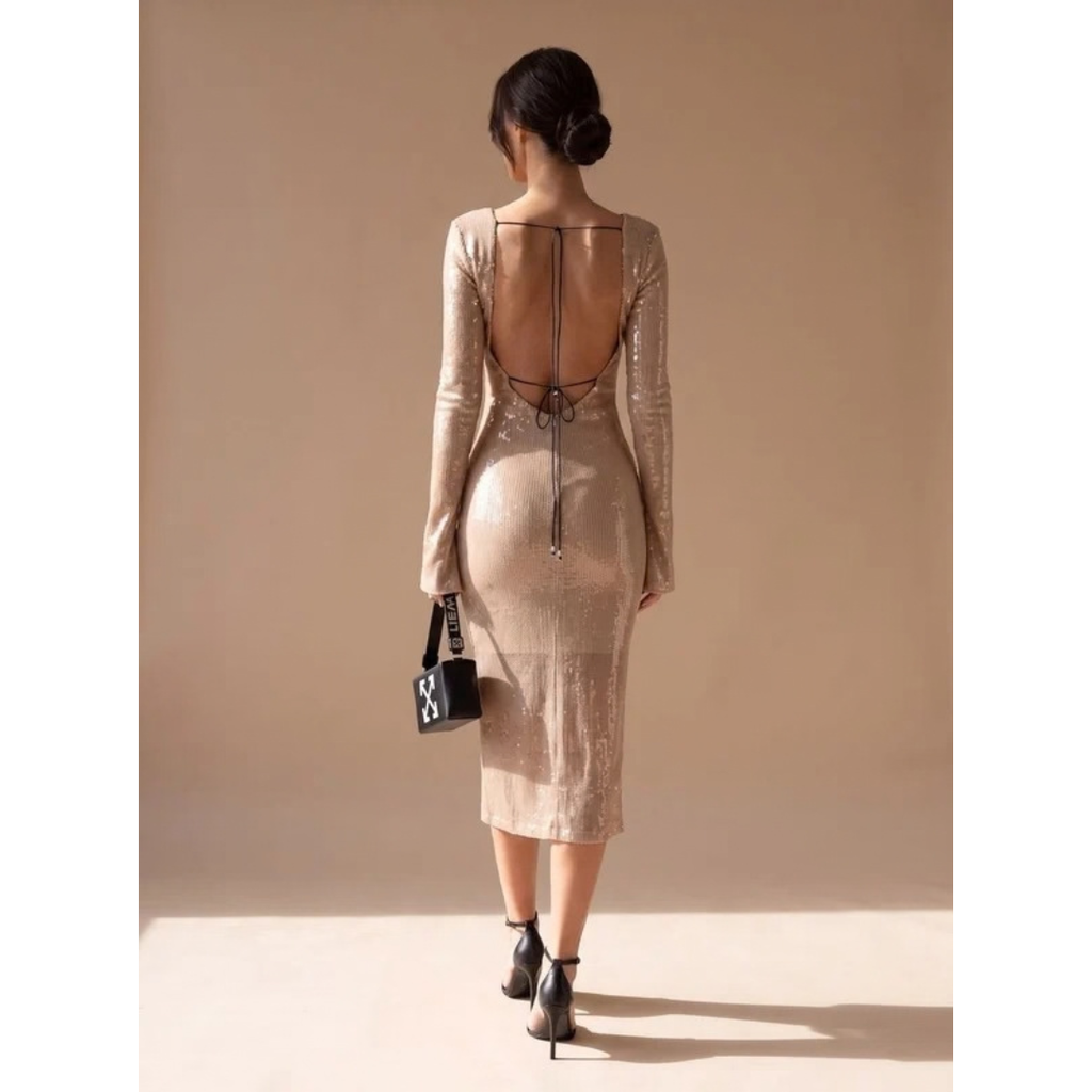 Ronja | Damen Midikleid Braun mit Langarm und Pailletten
