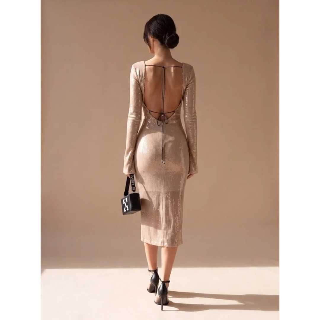 Ronja | Damen Midikleid Braun mit Langarm und Pailletten