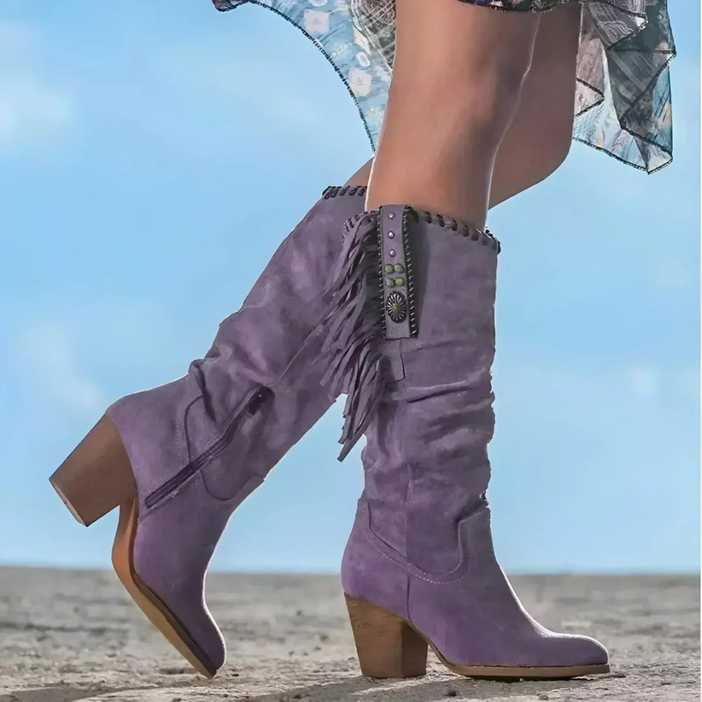 Rosalie | Damen Orthopädische Cowboy Stiefel mit Fransen Design und Wildleder Optik