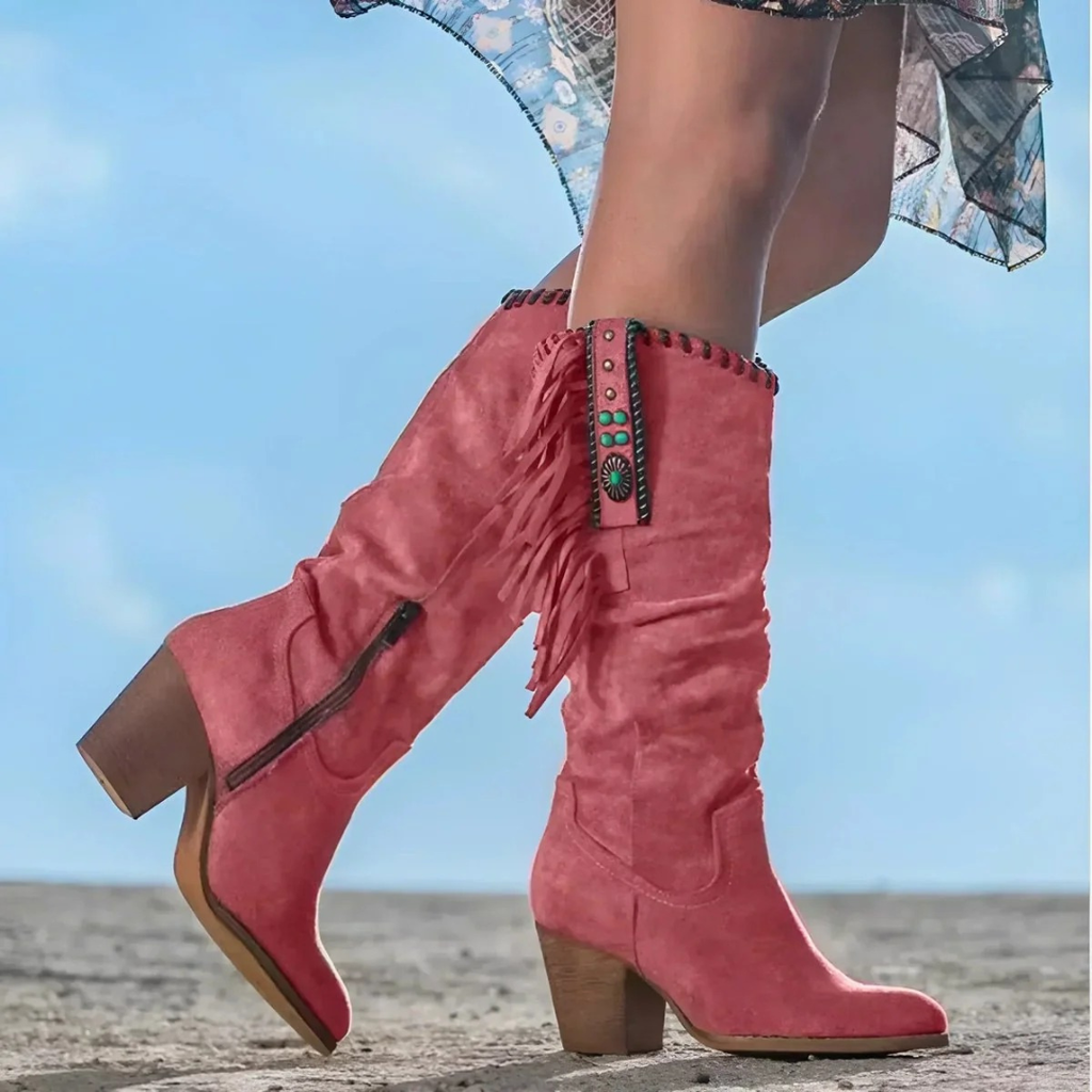 Rosalie | Damen Orthopädische Cowboy Stiefel mit Fransen Design und Wildleder Optik