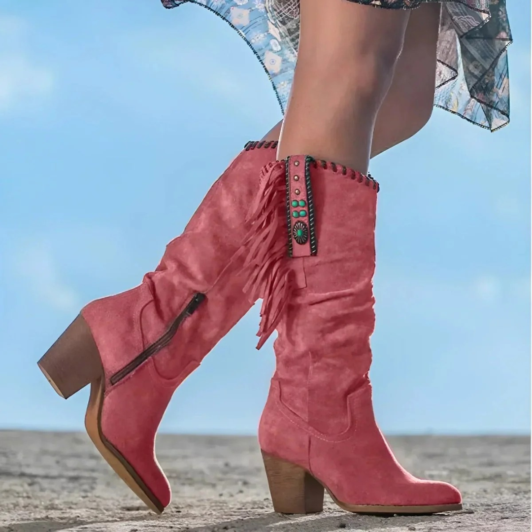 Rosalie | Damen Orthopädische Cowboy Stiefel mit Fransen Design und Wildleder Optik