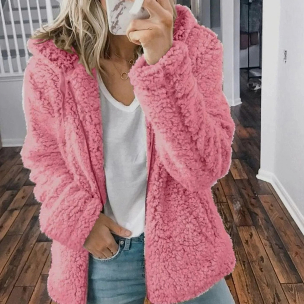 Rosalie | Damen Teddy Winterjacke mit Kapuze, Reißverschluss und Taschen im Oversize Stil