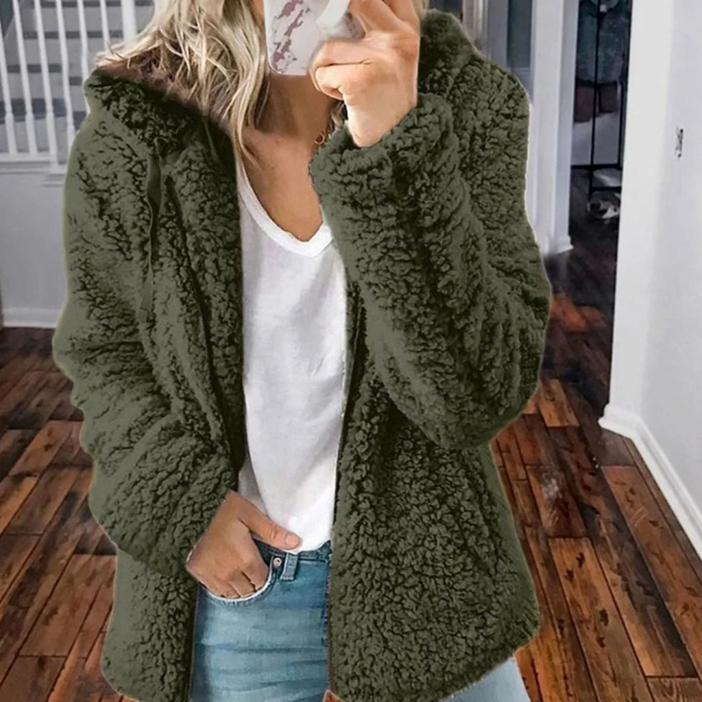 Rosalie | Damen Teddy Winterjacke mit Kapuze, Reißverschluss und Taschen im Oversize Stil
