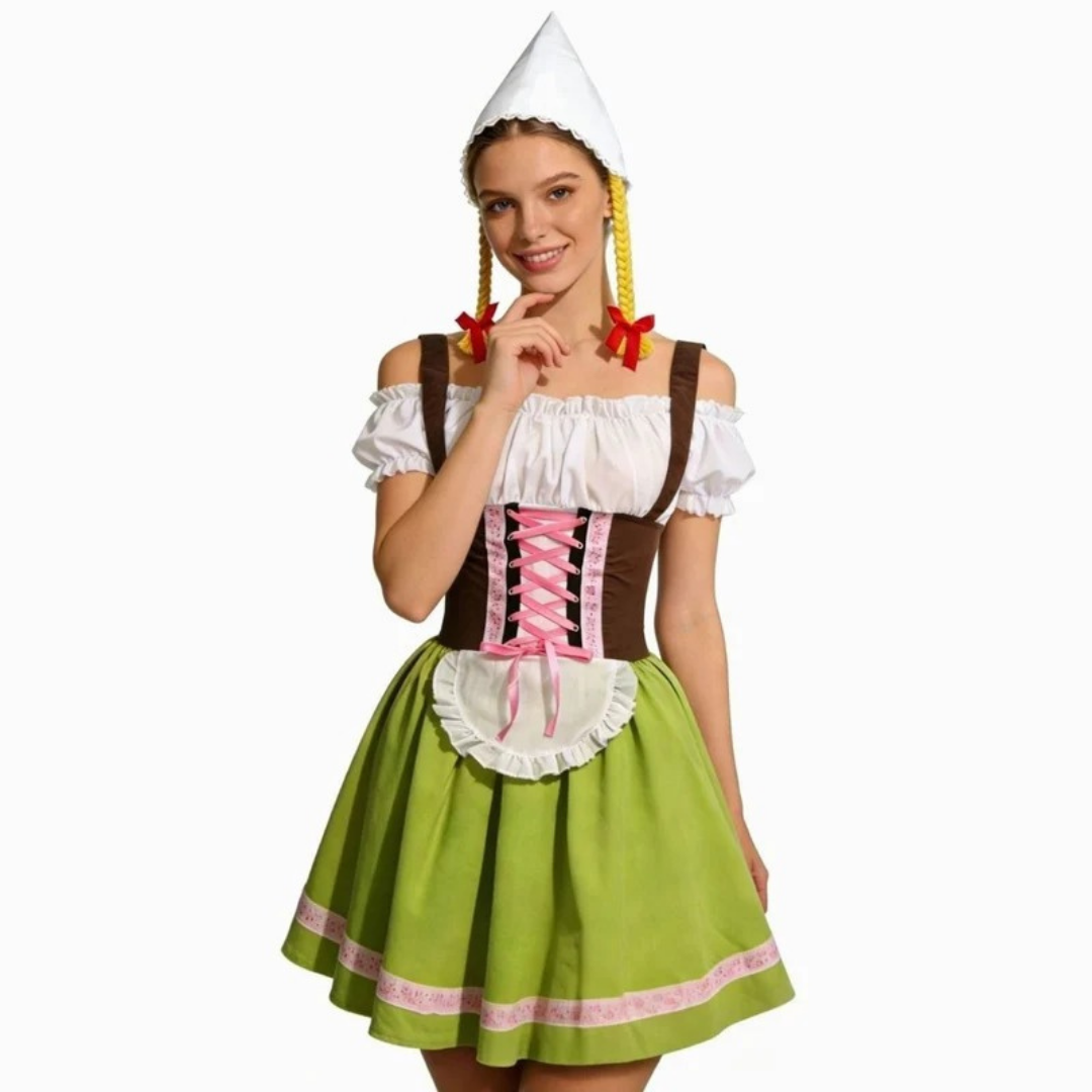 Rosamunde | Damen Grünes Oktoberfest Dirndl Mit Rosa Spitze Und Weißer Blusen Stil