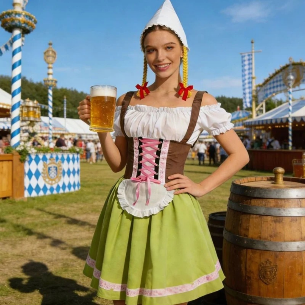 Rosamunde | Damen Grünes Oktoberfest Dirndl Mit Rosa Spitze Und Weißer Blusen Stil