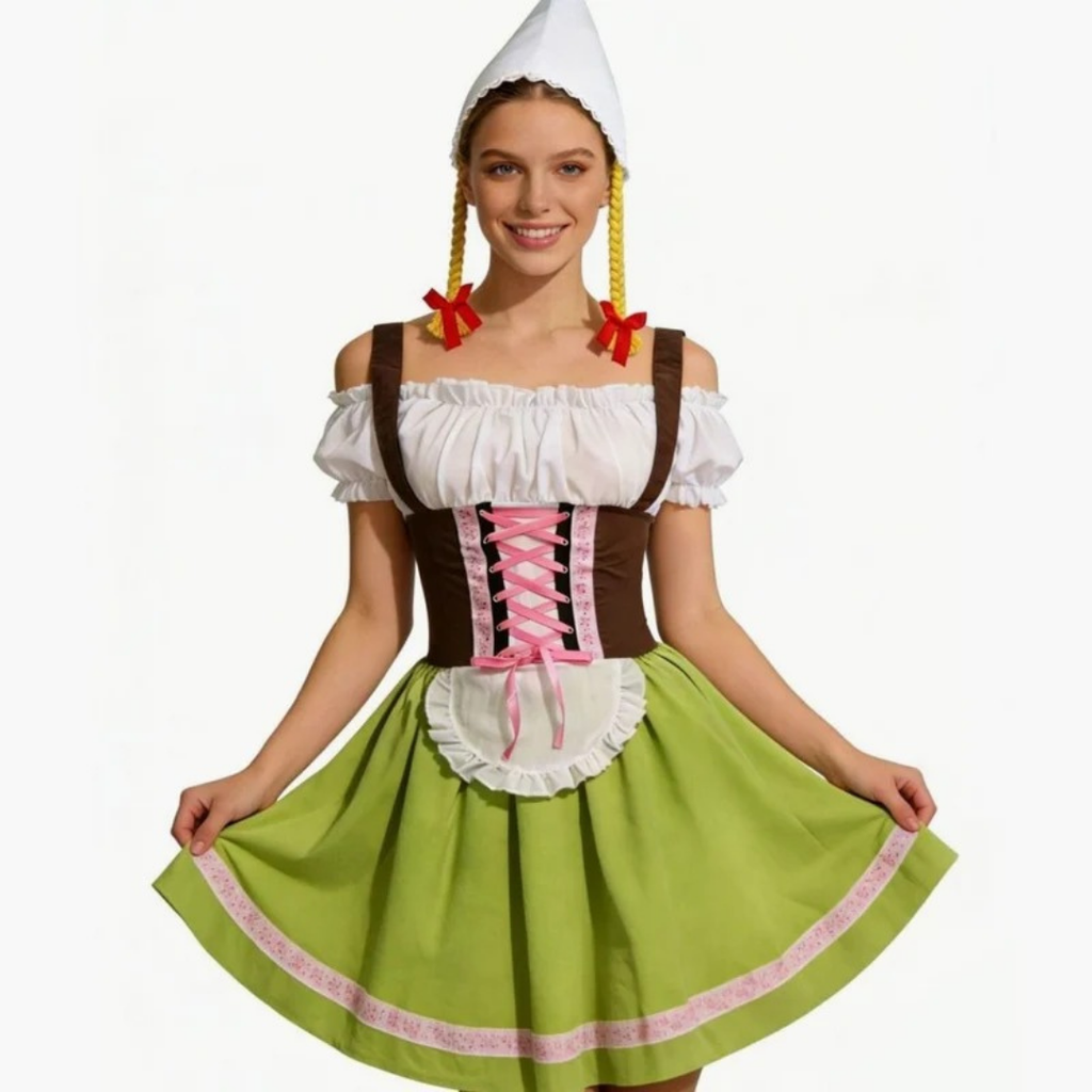 Rosamunde | Damen Grünes Oktoberfest Dirndl Mit Rosa Spitze Und Weißer Blusen Stil