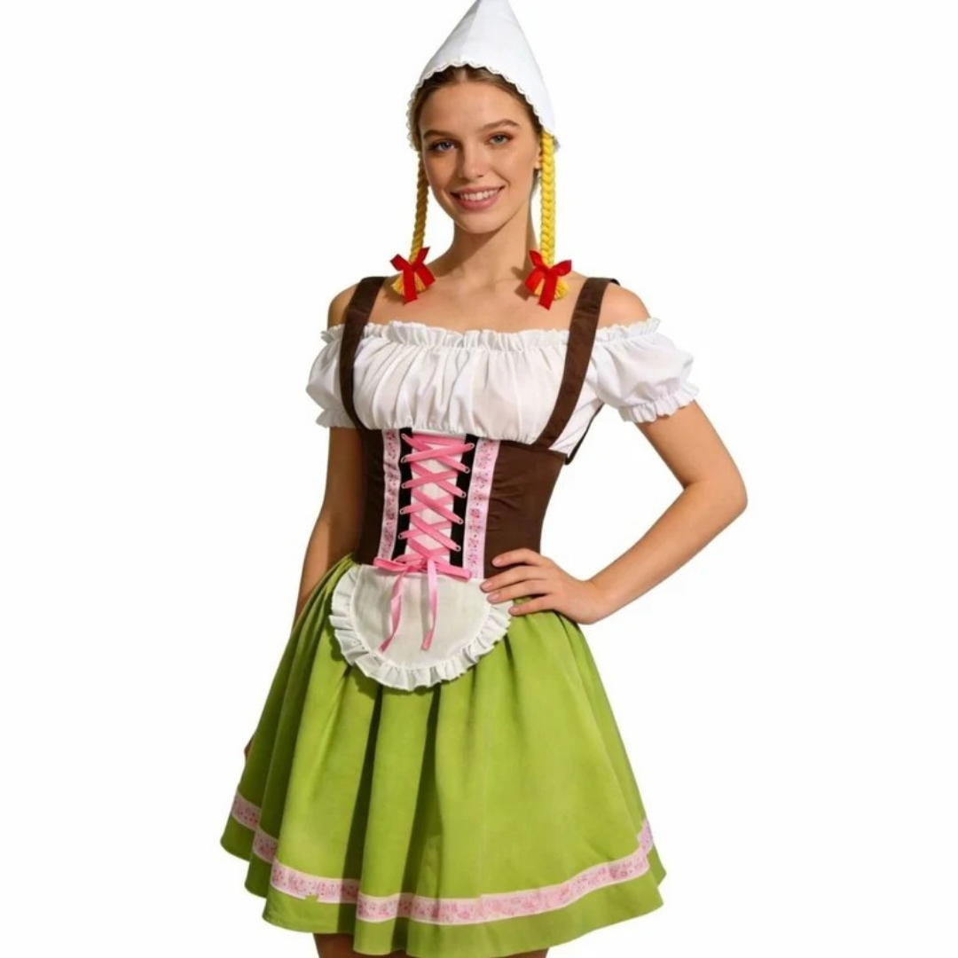 Rosamunde | Damen Grünes Oktoberfest Dirndl Mit Rosa Spitze Und Weißer Blusen Stil