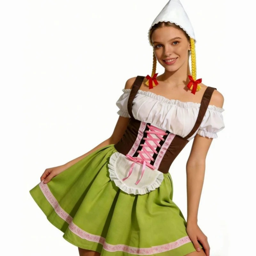 Rosamunde | Damen Grünes Oktoberfest Dirndl Mit Rosa Spitze Und Weißer Blusen Stil