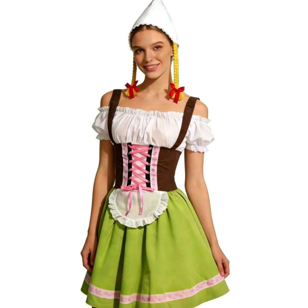 Rosamunde | Damen Grünes Oktoberfest Dirndl Mit Rosa Spitze Und Weißer Blusen Stil