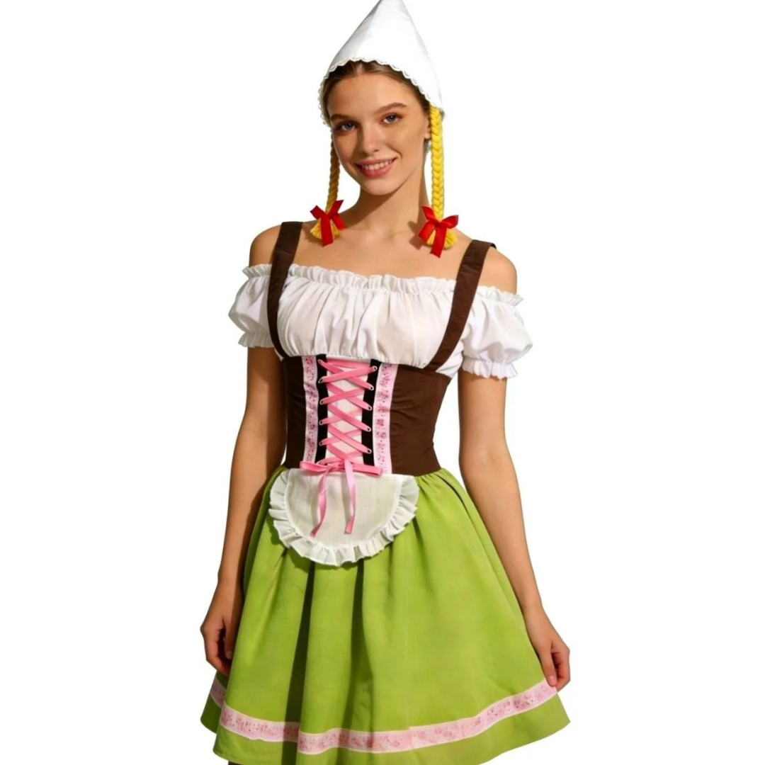 Rosamunde | Damen Grünes Oktoberfest Dirndl Mit Rosa Spitze Und Weißer Blusen Stil