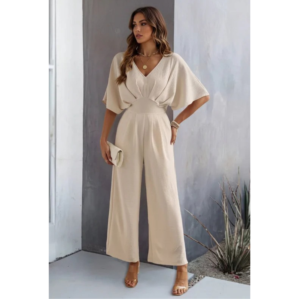 Rosi | Damen Beige Jumpsuit Mit V-Ausschnitt