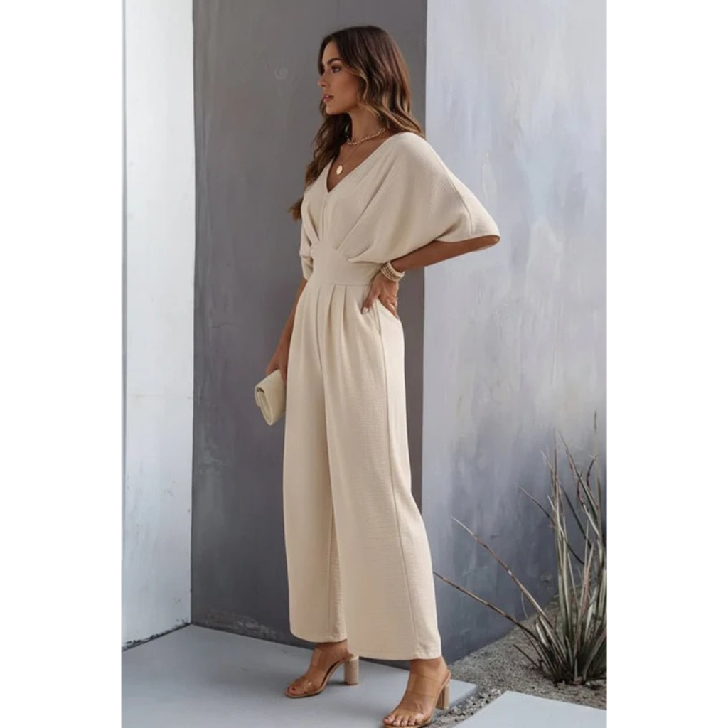 Rosi | Damen Beige Jumpsuit Mit V-Ausschnitt