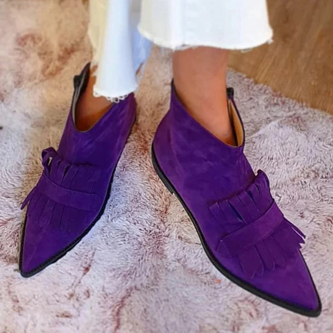 Sabine | Damen Lila Orthopädische Stiefeletten mit Fransen, spitzer Form und Wildleder
