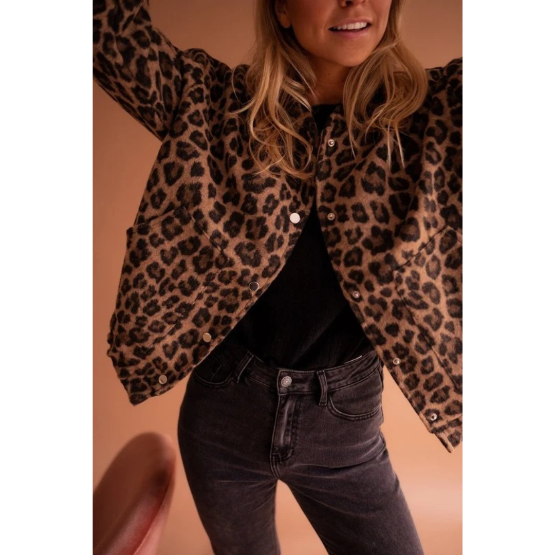 Sabrina | Damen Braune Steppjacke mit Leo Muster