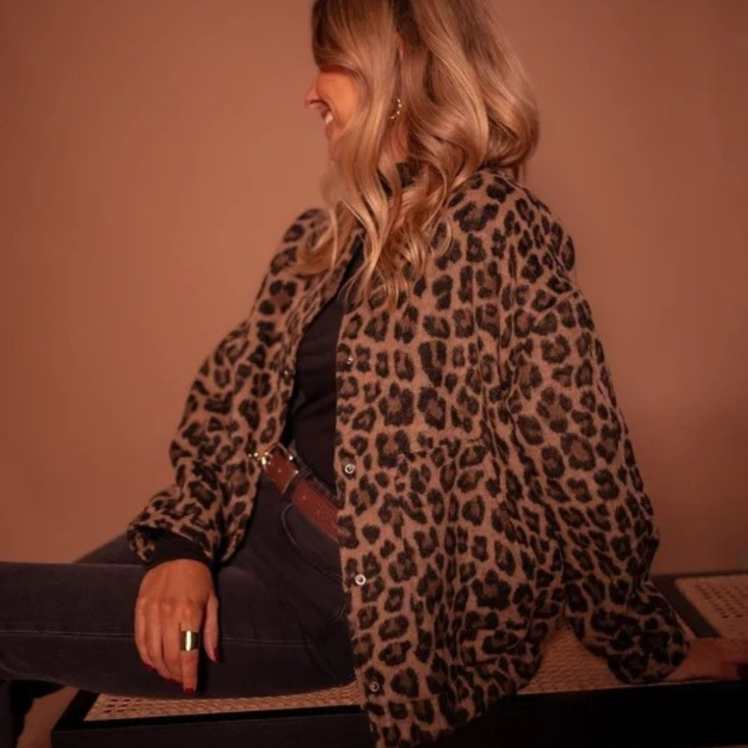Sabrina | Damen Braune Steppjacke mit Leo Muster