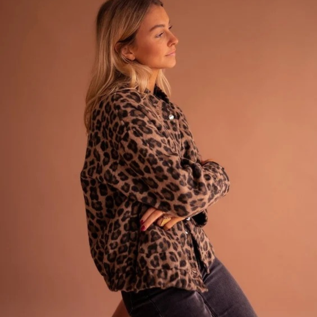 Sabrina | Damen Braune Steppjacke mit Leo Muster