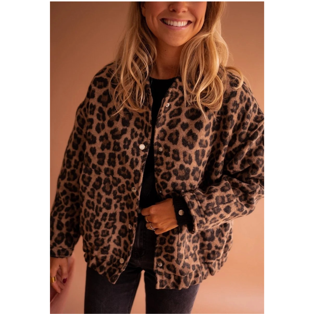 Sabrina | Damen Braune Steppjacke mit Leo Muster