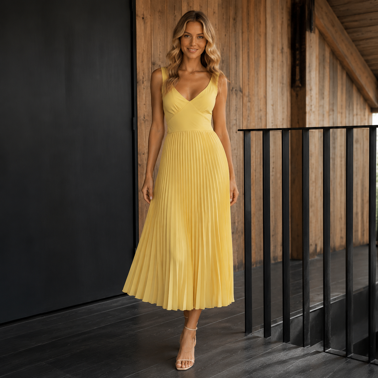 Samira | Damen Gelb Maxikleid Für Abend Mit V Ausschnitt Und Plissee