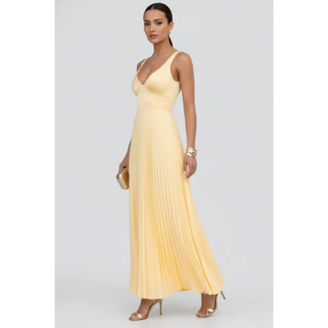 Samira | Damen Gelb Maxikleid Für Abend Mit V Ausschnitt Und Plissee
