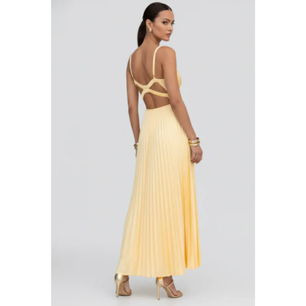 Samira | Damen Gelb Maxikleid Für Abend Mit V Ausschnitt Und Plissee