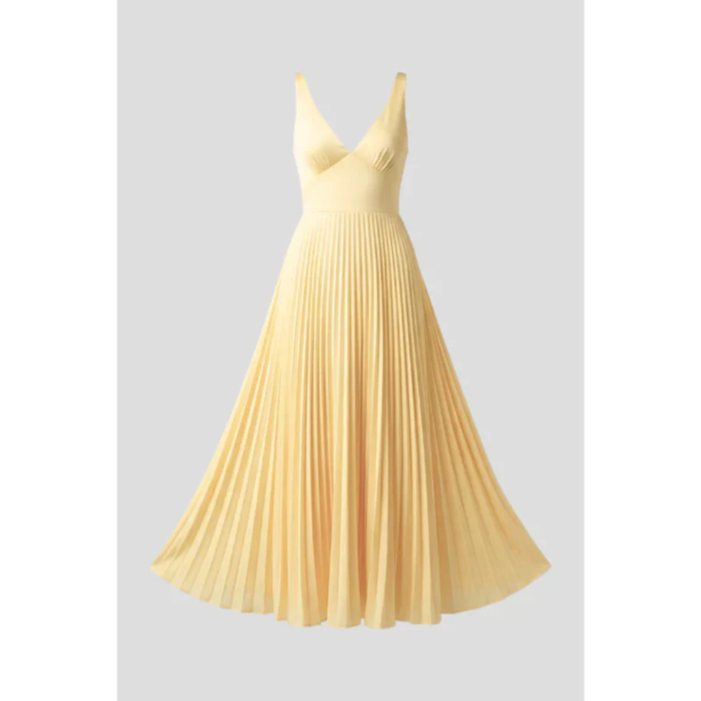Samira | Damen Gelb Maxikleid Für Abend Mit V Ausschnitt Und Plissee