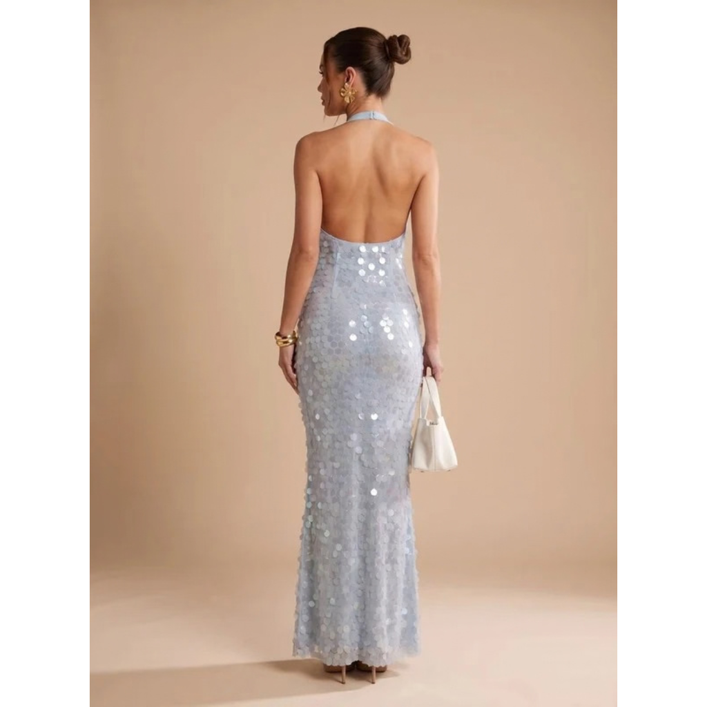 Saskia | Damen Maxi Kleid Blau mit Pailletten und Neckholder