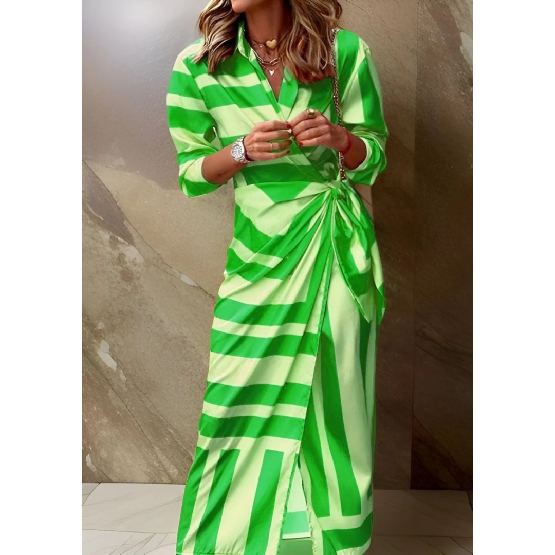 Selina | Damen Langarm Maxikleid mit Streifen und V Ausschnitt