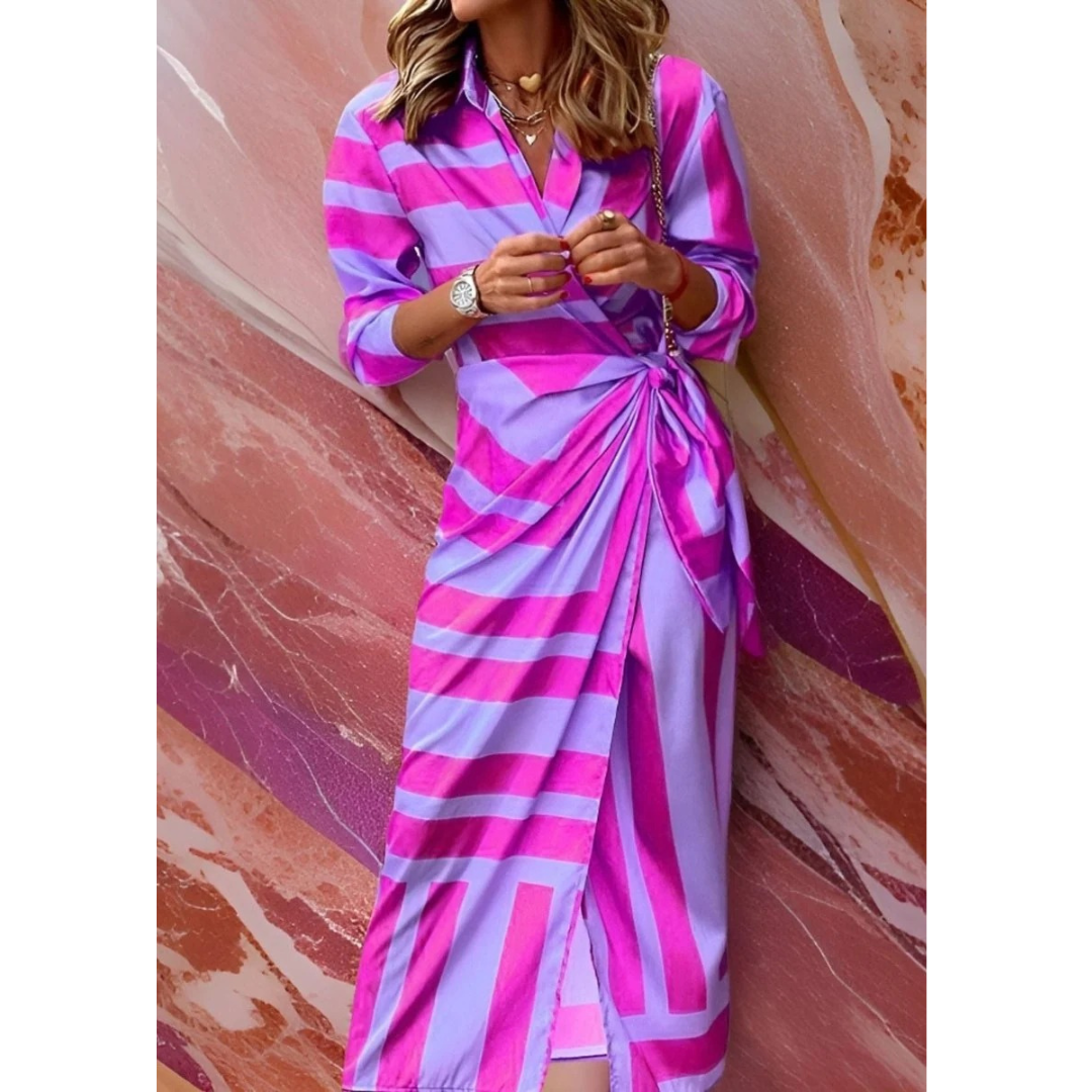 Selina | Damen Langarm Maxikleid mit Streifen und V Ausschnitt