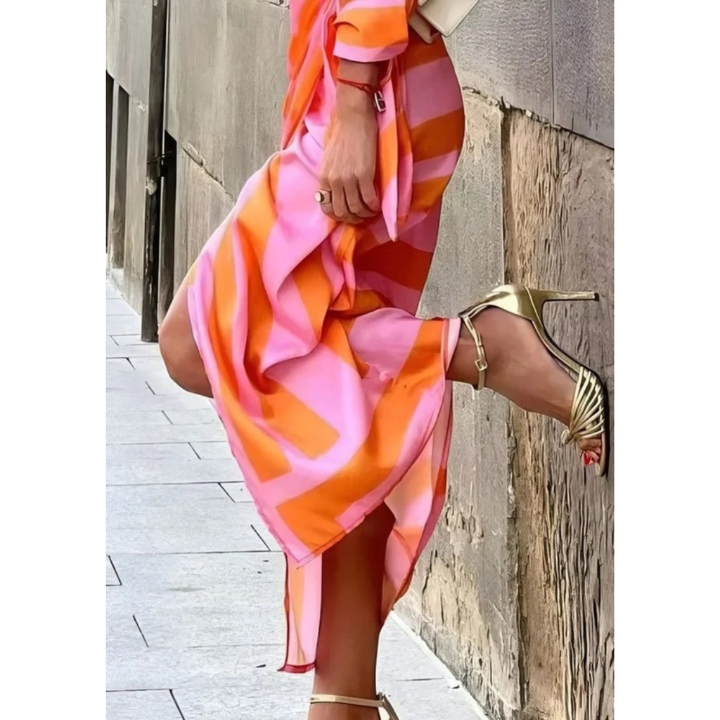 Selina | Damen Langarm Maxikleid mit Streifen und V Ausschnitt