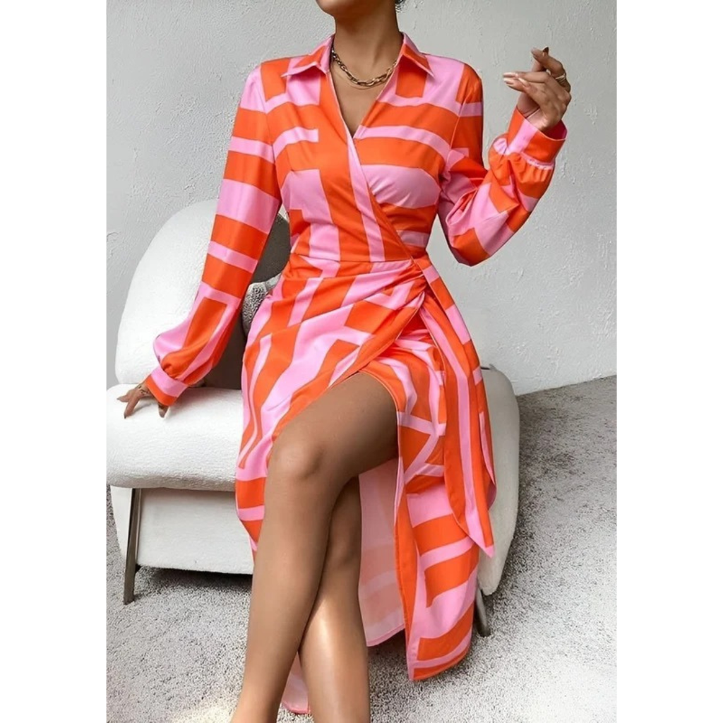 Selina | Damen Langarm Maxikleid mit Streifen und V Ausschnitt