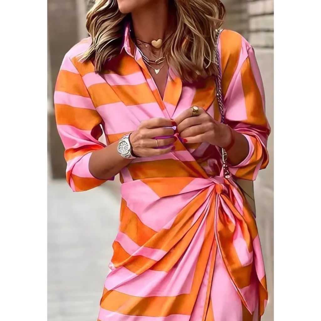 Selina | Damen Langarm Maxikleid mit Streifen und V Ausschnitt