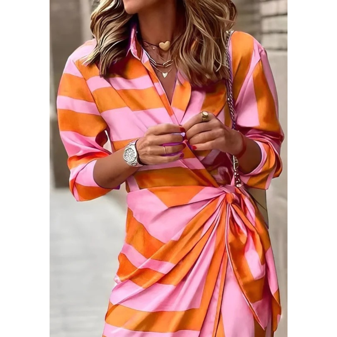 Selina | Damen Langarm Maxikleid mit Streifen und V Ausschnitt