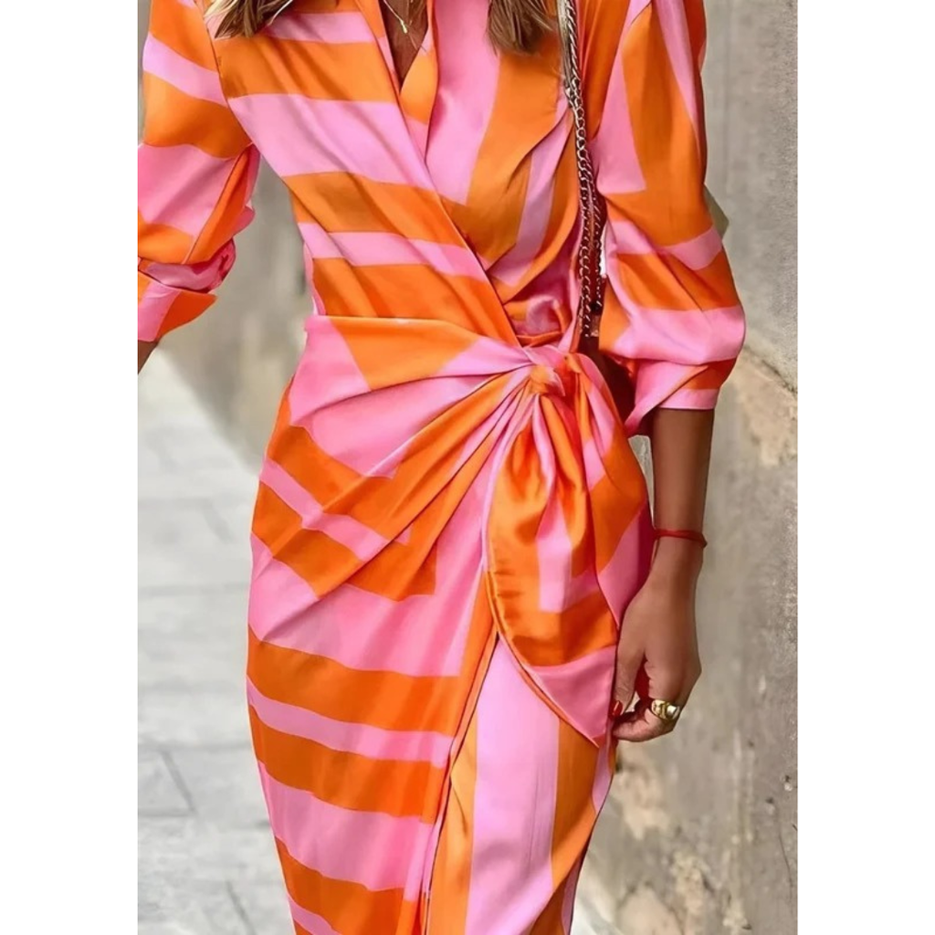 Selina | Damen Langarm Maxikleid mit Streifen und V Ausschnitt