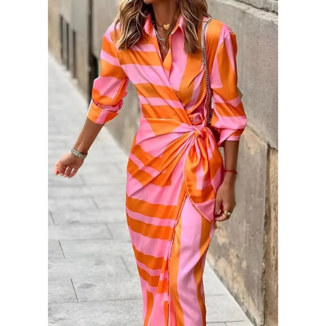 Selina | Damen Langarm Maxikleid mit Streifen und V Ausschnitt