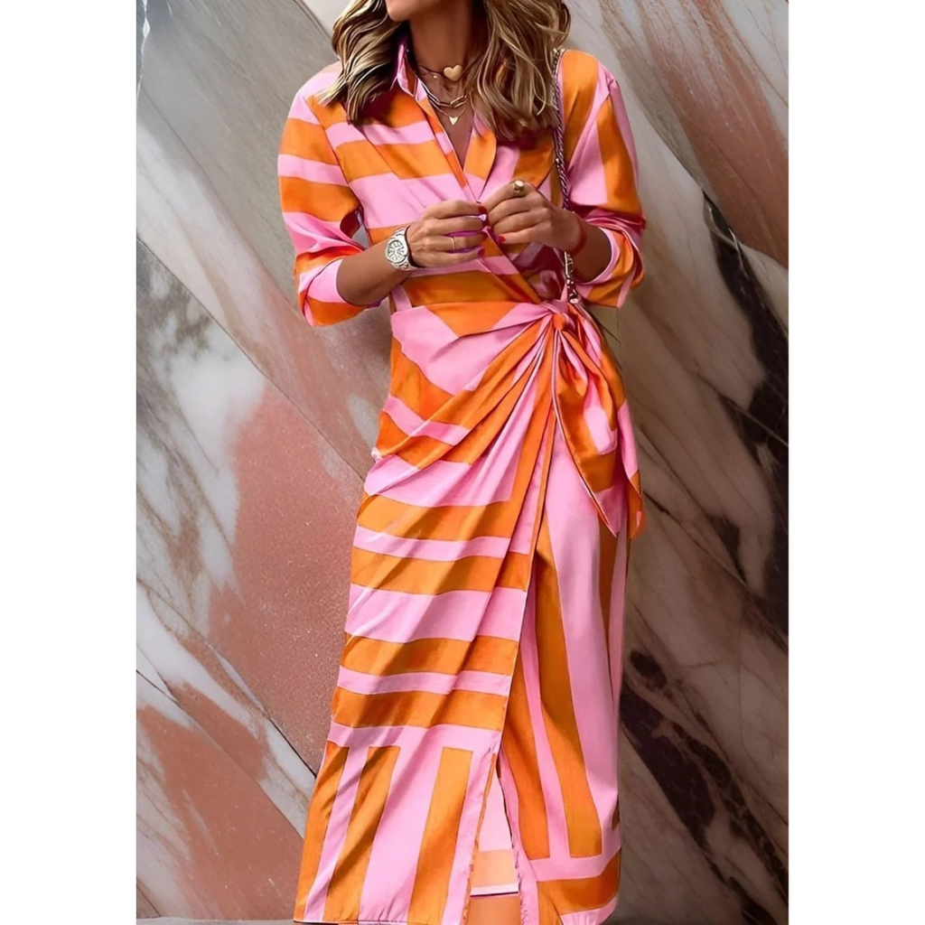 Selina | Damen Langarm Maxikleid mit Streifen und V Ausschnitt